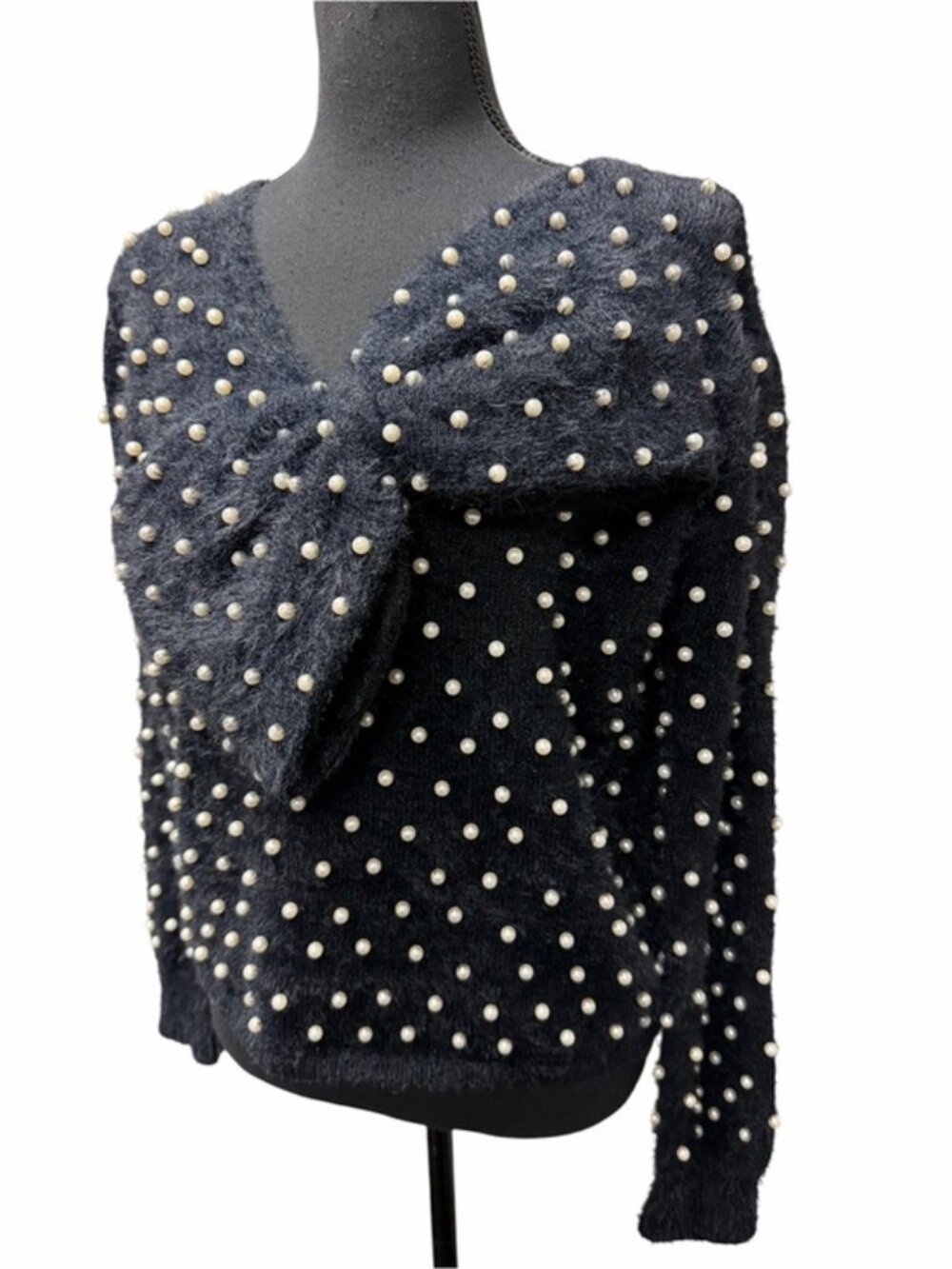 BIBI Black Pearl Embellished Fuzzy Sweater L V Neck Bow Holiday Glam - Picture 3 of 11